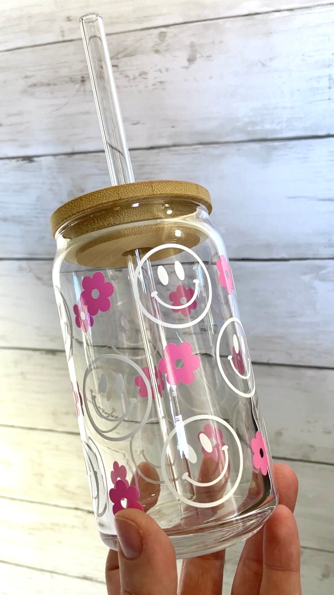Pink Retro Flower Smiley Face Glass Can Cup with Bamboo Lid and