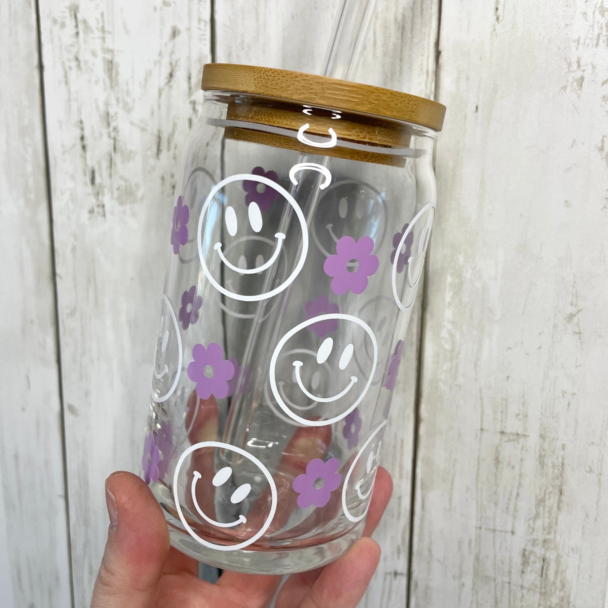 Purple Retro Flower Smiley Face Glass Can Cup with Bamboo Lid and Stra –  Wildly Casual