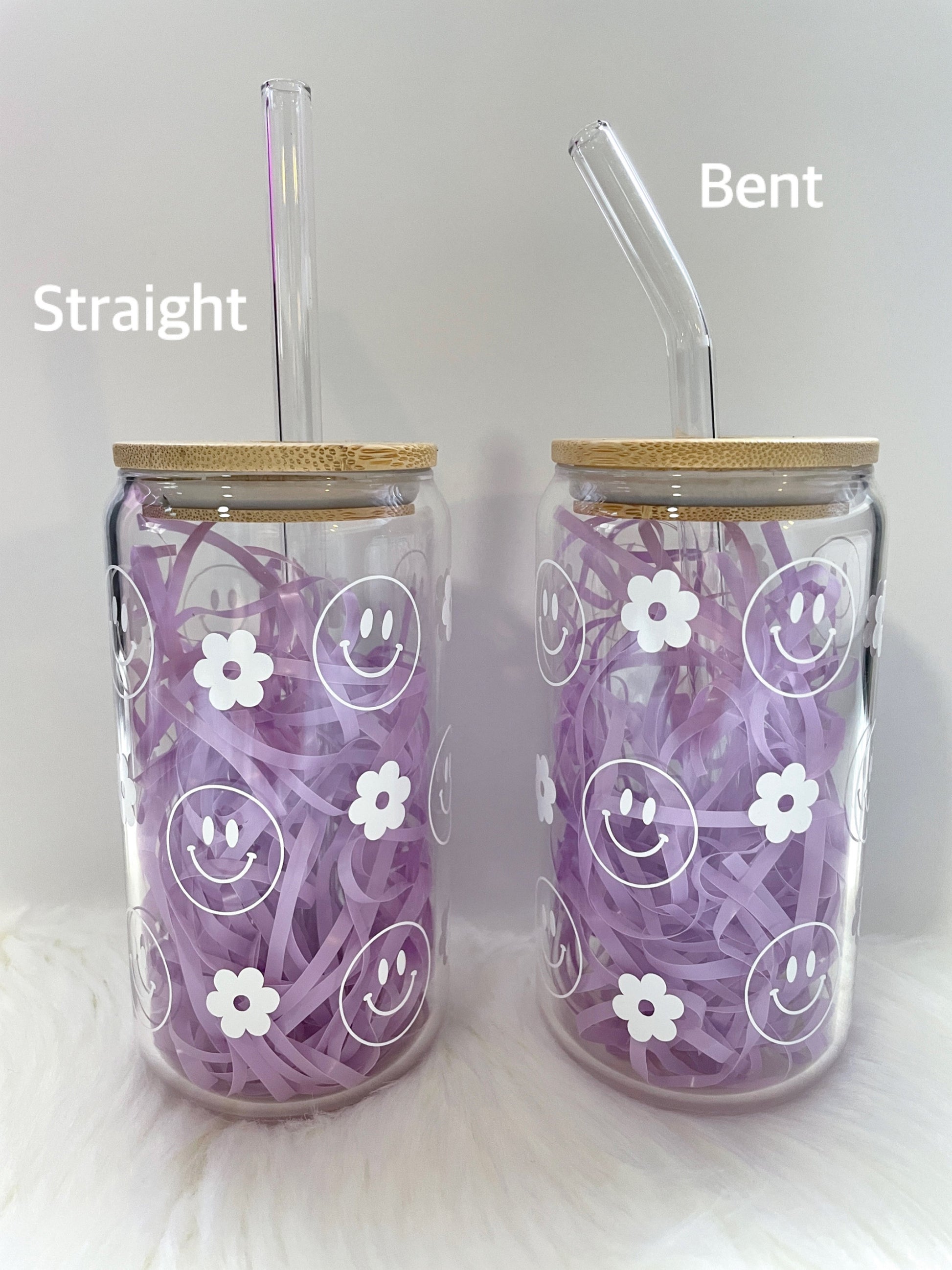 Purple Retro Flower Smiley Face Glass Can Cup with Bamboo Lid and Stra –  Wildly Casual